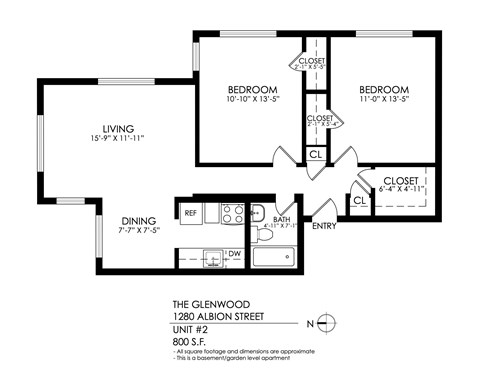 Floor plan for 2 beds, 1 bath, 745 sqft